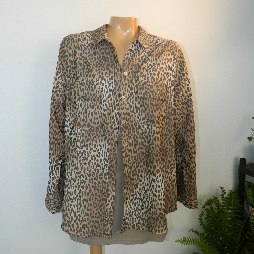 Chico's Button Down Shirt Women 3 XL Tan Leopard Print Modal Stretch Long Sleeve